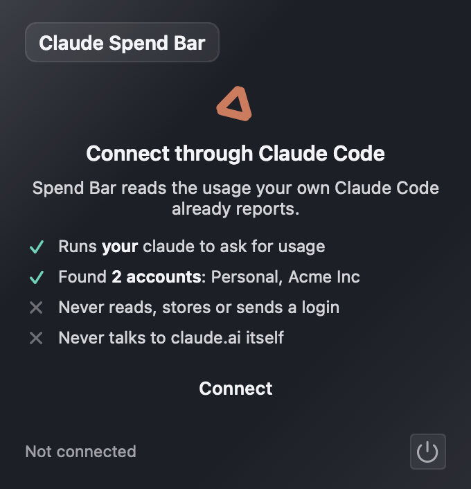 The Connect screen: Spend Bar runs your claude to ask for usage, found two
                accounts, never reads, stores or sends a login, and never talks to claude.ai.