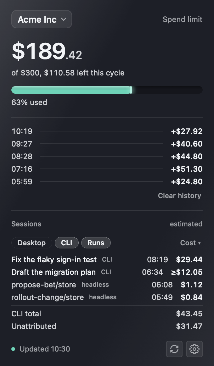 The Sessions list with Desktop off, sorted by cost: two terminal sessions,
                  two headless runs, a CLI total, and the part of the bill no session explains.